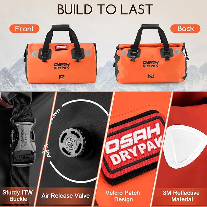 OSAH DRYPAK Waterproof Duffel Bag - Motorcycle Dry Bag Tail Bag with Large Storage Space Waterproof Luggage Duffle Bags with Outer Mesh Zipper Pocket for Camping Kayaking Fishing &amp Traveling