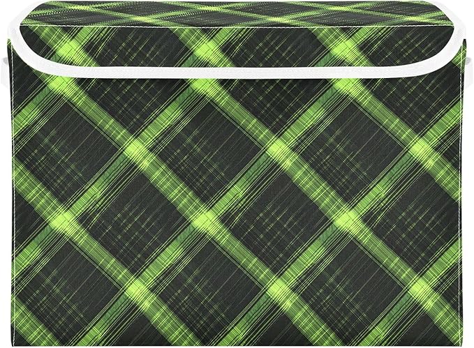 AIXIWAWA Lidded Storage Cube (Green Plaid) Fabric Foldable Closet Bins with Flip Lid and Handles Organizer Basket Container 16.5 x 12.6 x 11.8 IN