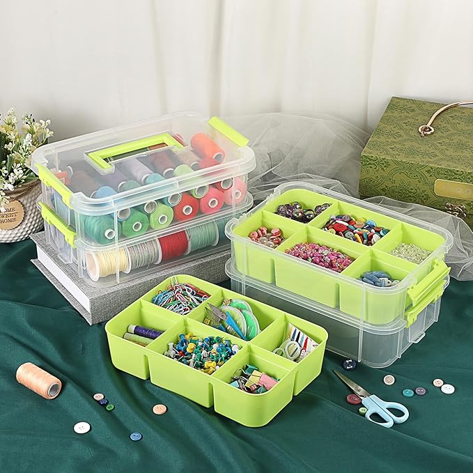 JUXYES 4-Tiers Stack Carry Storage Box With 2 Divided Tray Transparent Stackable Storage Bin With Handle Lid Latching Storage Container for School &amp Office Supplies Green
