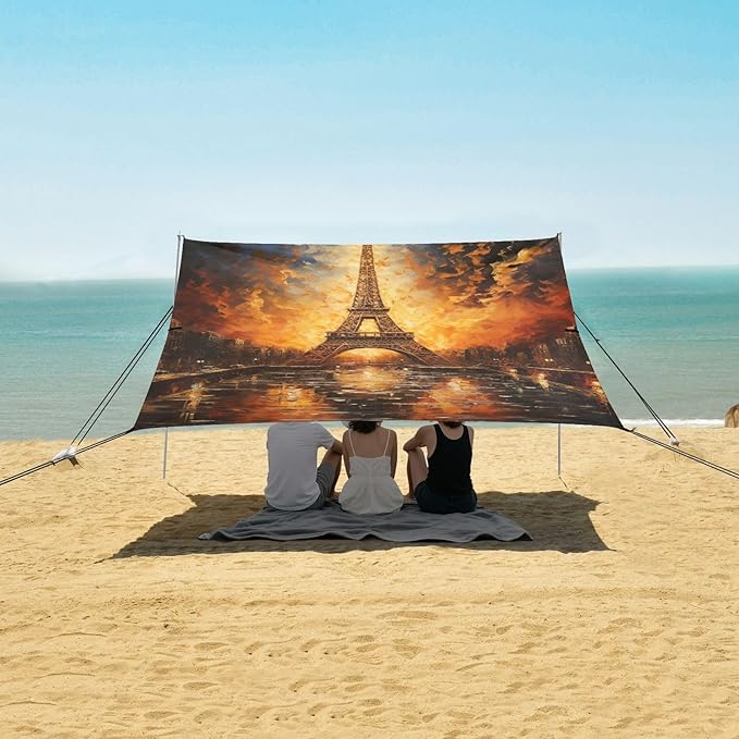 ALAZA Eiffel Tower Gold Fires Beach Tent Sun Shelter Portable Canopy Sunshade for Outdoor Camping Picnics Backyard Fun 10x9 ft