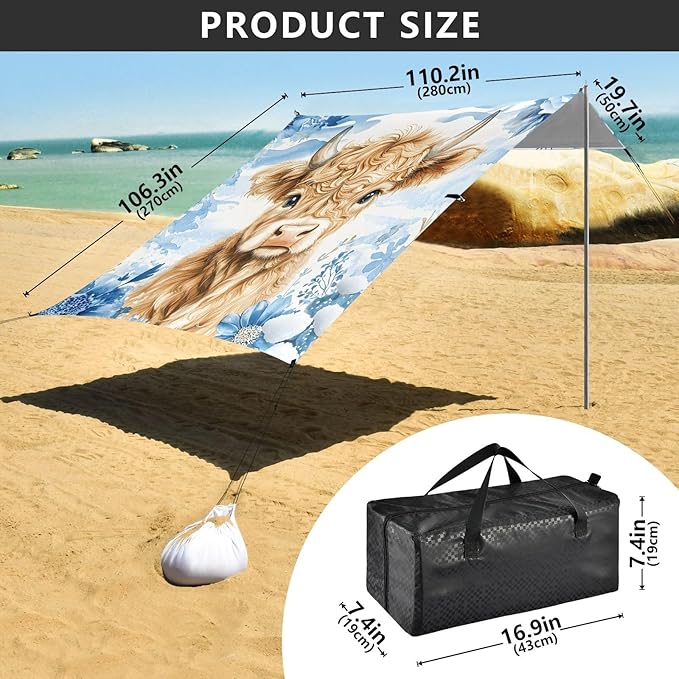 ALAZA Watercolor Highly Cow Blue Flower Beach Tent Sun Shelter Portable Canopy Sunshade for Outdoor Camping Picnics Backyard Fun 10x9 ft