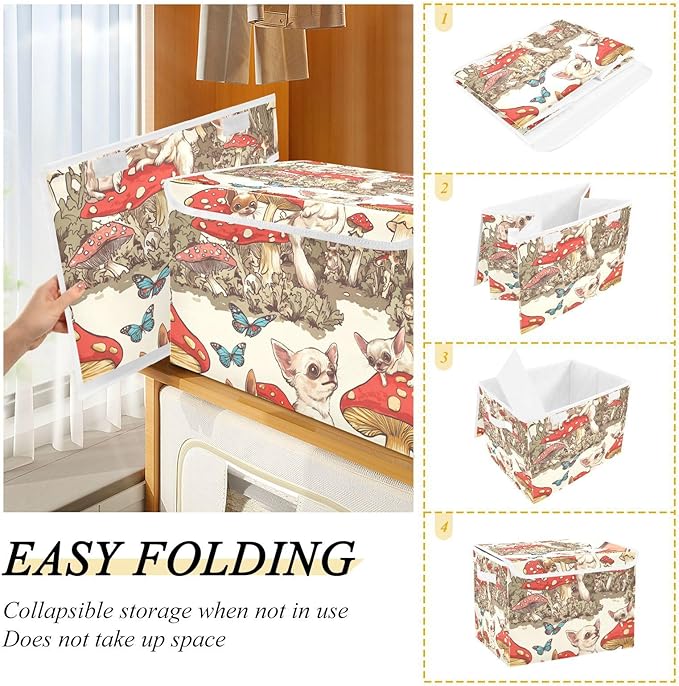 Collapsible Storage Bins with Lids Decorative Fabric Storage Cubes Closet Organizer and Storage Basket Boxes Containers for Clothes Box Chest Nursery Folding Rectangle Mushroom Chihuahuas