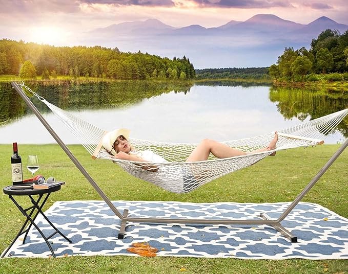 Lazy Daze Hammocks Portable 2 Person Heavy Duty Steel 12 FT Hammock Stand with Hooks and Chains for Outside Patio Backyard 450 Pounds Capacity Tan
