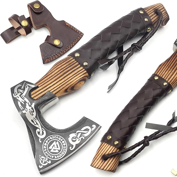 Custom Handmade Carbon Steel Real Viking Axe HatchetCamping Axe Birthday Gift for him Leather Wrapped Handle and Leather Sheath ((FM 24))