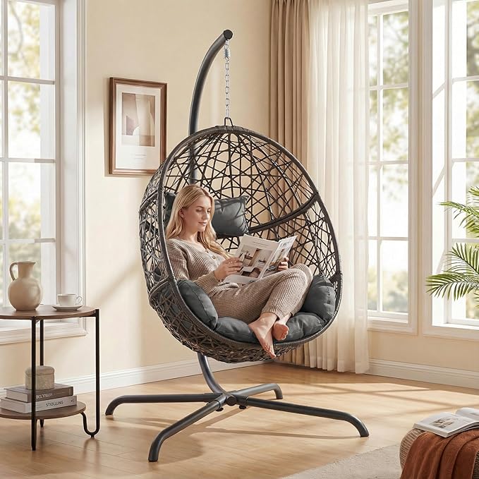 NICESOUL Bird Cage Swing Egg Chair UV/Water-Resistant 450lbs Capacity Wicker Swinging Chairs with Stand Comfy Oversized Hanging Seat w/Cushion Metal Frame &amp Cover for Indoor Outdoor Dark Grey