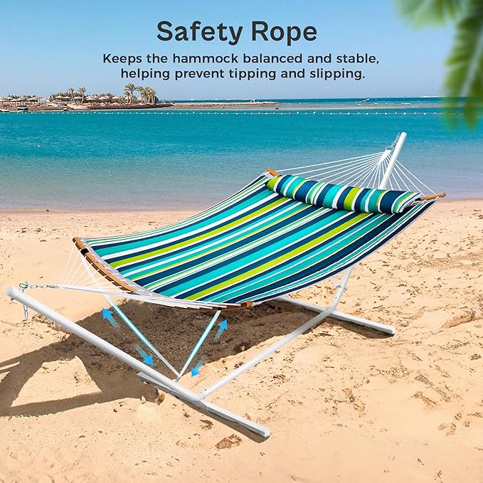 SUPERJARE Curved-Bar Hammock with Stand 2 Person Heavy Duty Hammock Frame Detachable Pillow &amp Portable Carrying Bag Perfect for Outdoor &amp Indoor Blue-Green Stripe