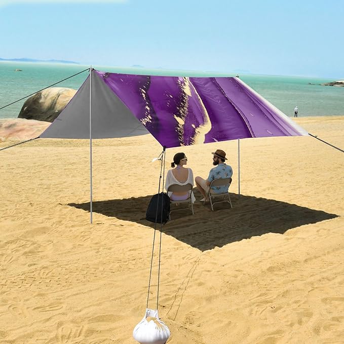 xigua Purple Texture Beach Tent Sun Shelter with Carrying Bag - Silver Coated Oxford Fabric Beach Canopy for Beach Camping Fishing - Includes Windproof Ropes Sandbags &amp Stakes