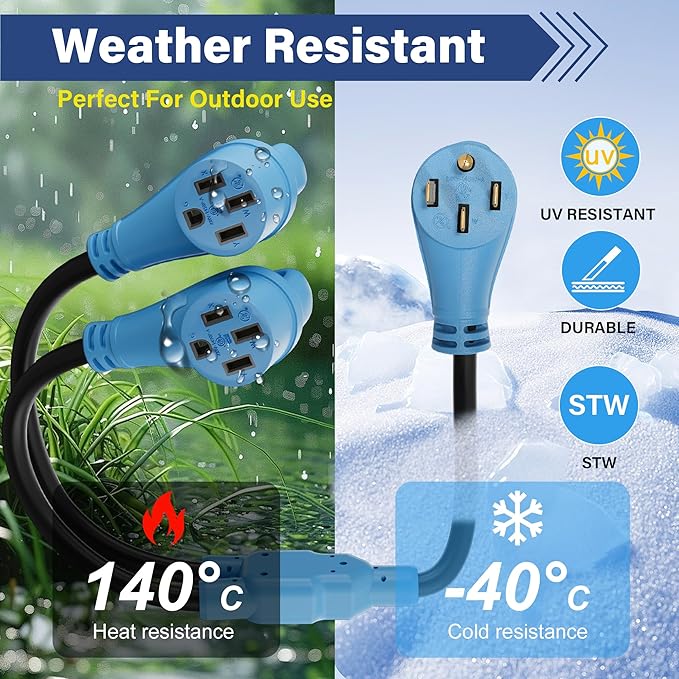50 Amp Y Splitter Adapter Cord 3 Ft for RV EV Charging 4 Prong 250V NEMA 14-50P to (2) 14-50R for Power Extension Plug &amp Auto/EV/Tesla Model 3/S/X/Y Heavy-Duty 6/3+8/1 Gauge STW Outdoor ETL-Blu