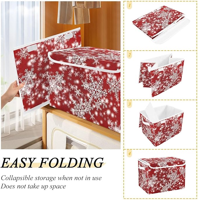 senya Christmas Baskets Collapsible Storage Bins with Lids Christmas Background with Snowflakes Red Storage Boxes Clothes Baskets for Organizing
