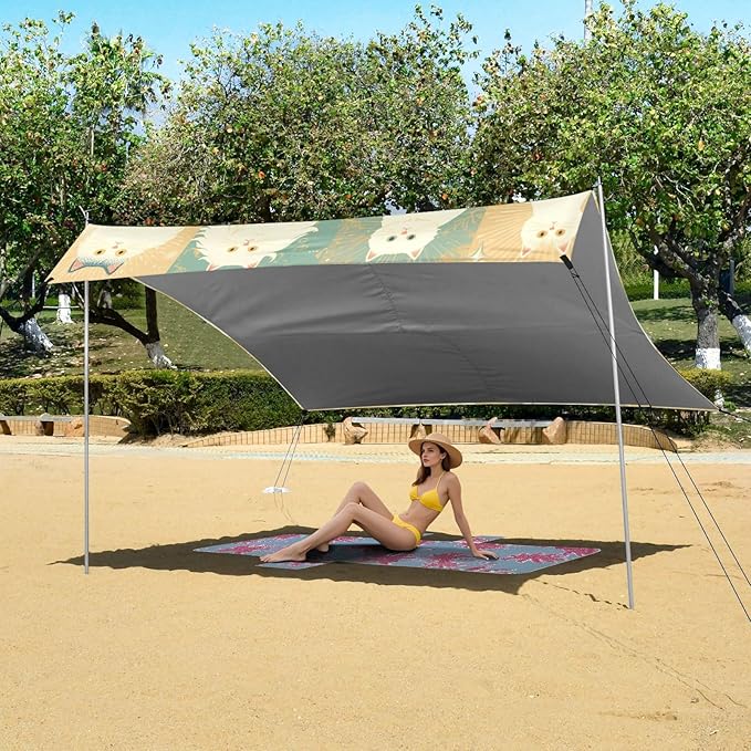 White Blue Cats Beach Canopy UPF50 Lightweight Large Portable Sun Shelter with Sandbags Sand Shovel Poles for Backyard and Camping