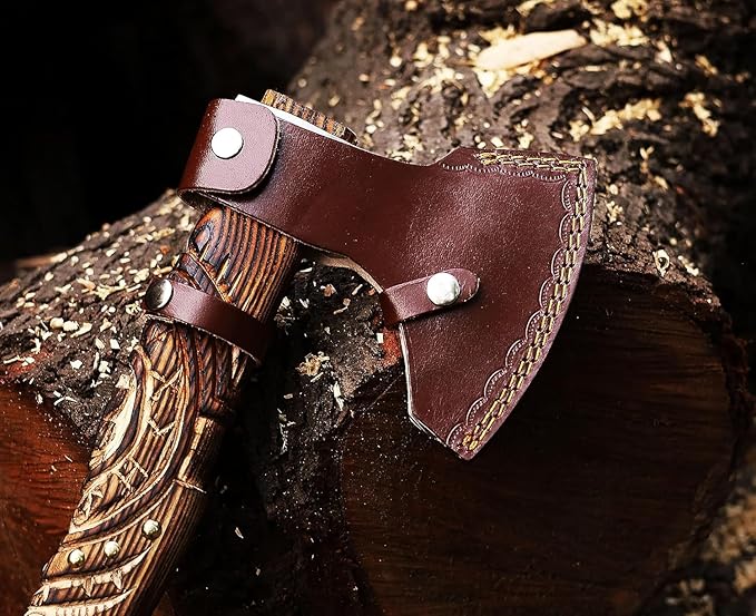 Viking Axe | Hand-Forged Carbon Steel Tomahawk with Rosewood Handle &amp Leather Sheath Bearded Axe for Camping Bushcraft Throwing Gifts for Men (Wood)
