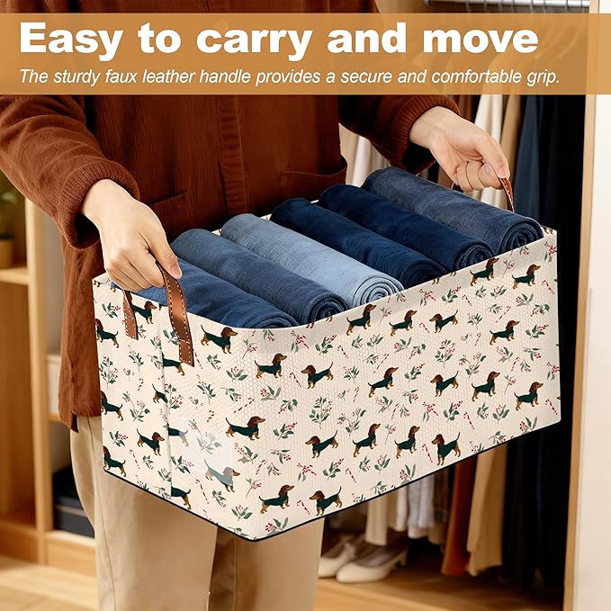 Christmas Dachshund Storage Bin with Handles Basket Storage Organizer for Shelves Closet Nursery Book Laundry Hamper &amp Home Decor