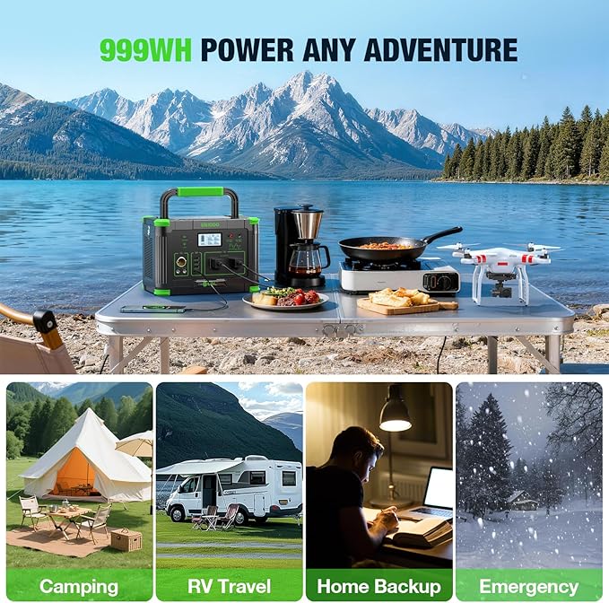 EBL 1000W Portable Power Station With 2x 100W Solar Panels 999Wh Backup Lithium Battery Pure Sine Wave AC Outlet 60W PD Fast Charge Solar Generator Set for Outdoor Emergency Camping Travel Off-grid
