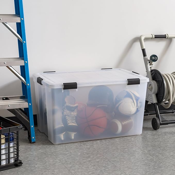 IRIS USA 156 Qt Storage Box with Gasket Seal Lid BPA-Free Made in USA - Heavy Duty Moving Containers with Tight Latch Weather Proof Tote Bin WEATHERPRO - Clear/Black