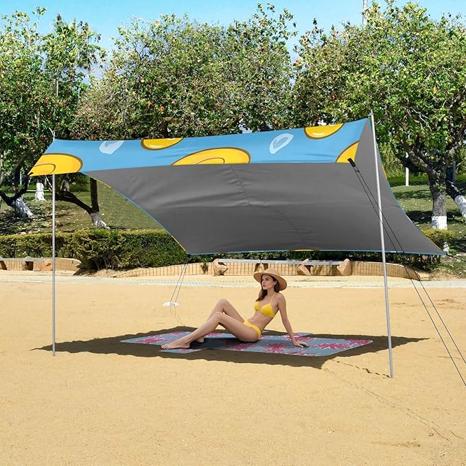ALAZA Yellow Duck Blue Beach Tent Sun Shelter UPF50+ Protection Beach Shade Canopy w/ 4 Sandbags for Outdoor Camping Fishing Backyard Fun Picnic 10x9 ft