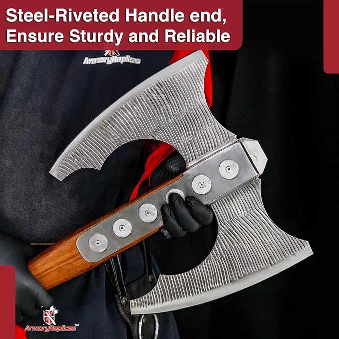 Armory Replicas™ Viking Double-Bladed Axe with Carbon Steel Blades and Leather-Wrapped Walnut Handle