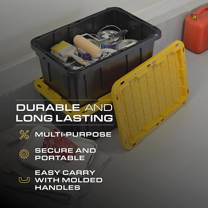 BLACK &amp YELLOW 17-Gallon Heavy Duty Storage Bins with Lids Stackable Plastic Storage Bins with Weather-Resistant Design Home Organization 2 Pack (12.5H x 18W x 26.9D)