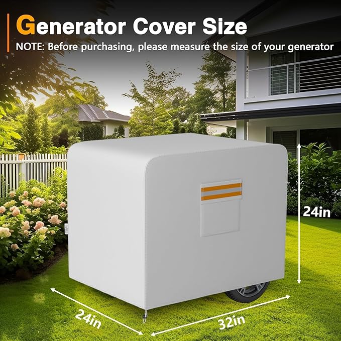 Generator Cover 32”L x 24”W x 24”H Heavy Duty Waterproof 420D All-Weather Generator Cover with Storage Pocket Compatible with Most Generators 5000-10000 Watt (Gray)