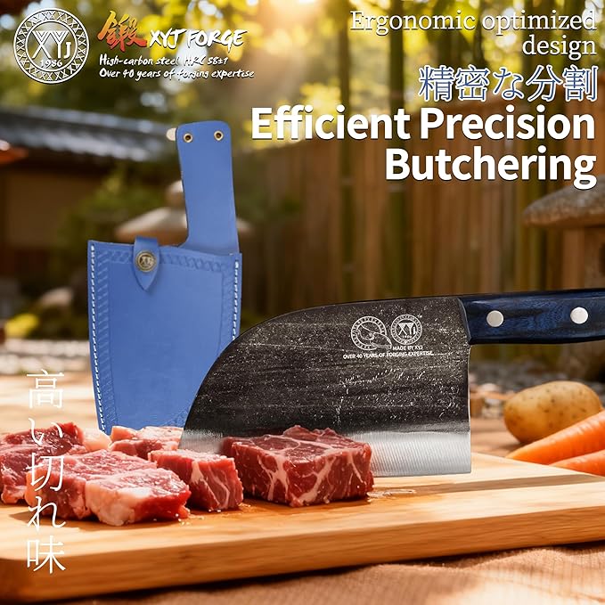 XYJ Antique Forged Butcher Knives Serbian-Style Chef's Knife with Sheath Heavy-Duty Meat Cleaver for Kitchen &amp Outdoor Use Full Tang Construction