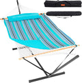 Lazy Daze Hammocks 2 Person Portable Hammock with 12FT Stand Double Hand Woven Cotton Rope Hammock with Detachable Quilted Pad &amp Pillow for Outside 450lb Capacity Blue Stripes