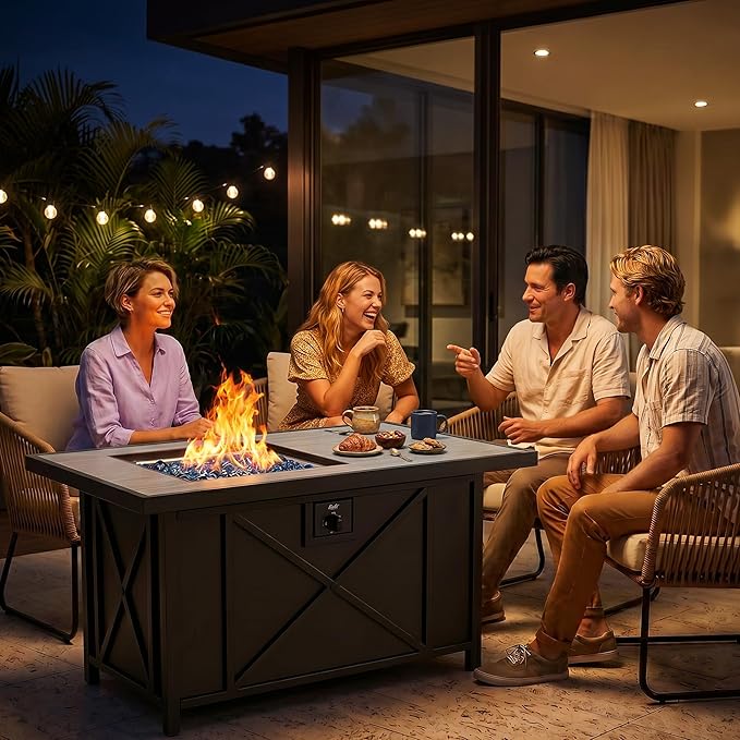 BALI OUTDOORS 42 inch 50000 BTU Rectangular Propane Gas Fire Pit Table with Fire Glass and Table Lid Fire Pits Outdoor for Garden Patio Backyard
