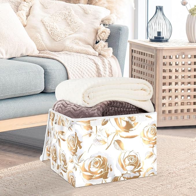ALAZA Gold Rose Storage Bins Organizer Box Baskets Lidded Clothes for Shelves Closet Collapsible Stackable Storage Cubes Handles