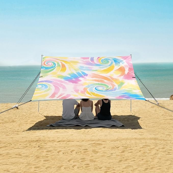 Lightgrey Tie-dye Background Vibrant Colors and Swirling Patterns Tie-dye Pattern Beach Tent UPF50+ Protection Water-Resistant Sun Shelter with Sturdy Poles Sandbags and Shovel for Camping
