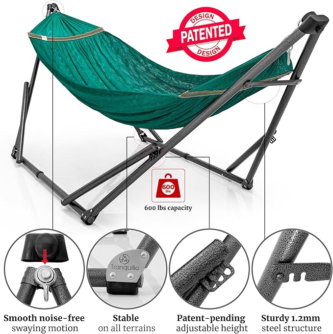 Tranquillo Combo x2 Hammocks with Stand for Outside &amp Tree Straps Heavy Duty Hammock with Stand 600lbs for Indoor Outdoor Patio Backyard x2 Hammocks for 2 Person (Combo - Peacock Medium)