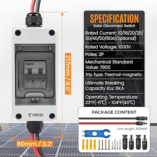 Solar Panel Disconnect Switch 1000V DC/AC 16A PV Disconnect Switch Outdoor Miniature Circuit Breaker IP65 More Space Quick Installation for Solar PV Array Homes Battery (1000V 16 Amp)