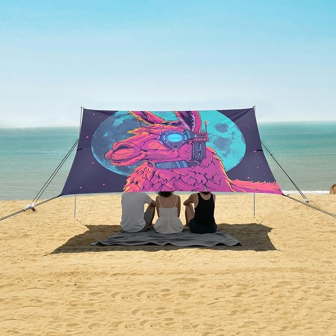ALAZA Llama Alpaca Moon Cyberpunk Beach Tent Sun Shelter UPF50+ Protection Beach Shade Canopy w/ 4 Sandbags for Outdoor Camping Fishing Backyard Fun Picnic 10x9 ft