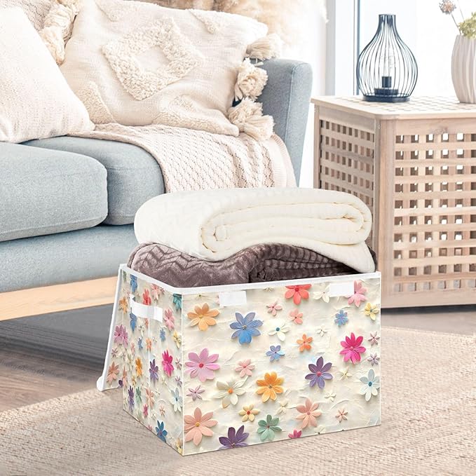 Storage Cube with Lid Cute Florals Print 16.5×12.6×11.8 IN Collapsible Large Capacity Foldable Storage Basket Bin Organizer