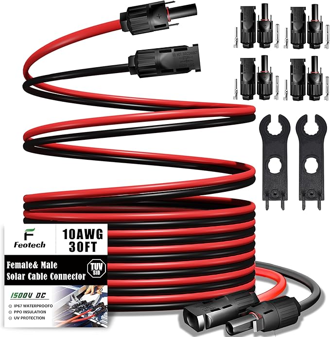 Twin Wire 30FT Solar Extension Cable - 10AWG (6mm²) Solar Panel Connector with IP67-Male/Female Solar connectors for Outdoor Automotive RV Boat Marine Solar Panel- Black &amp Red