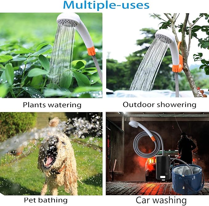 Portable Camping Shower Built-in 4400mAh USB Rechargeable IPX7 Waterproof Battery Shower Pump+Collapsible Bucket for Family Camp Hiking Backpacking Travel Beach Pet Flowering Outdoor