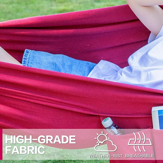 PNAEUT Double Hammocks with Stand for Outside Portable Space Saving Heavy-Duty Steel Stand for Indoor Outdoor Patio with Carrying Bag 450 lbs Capacity (Cherry)