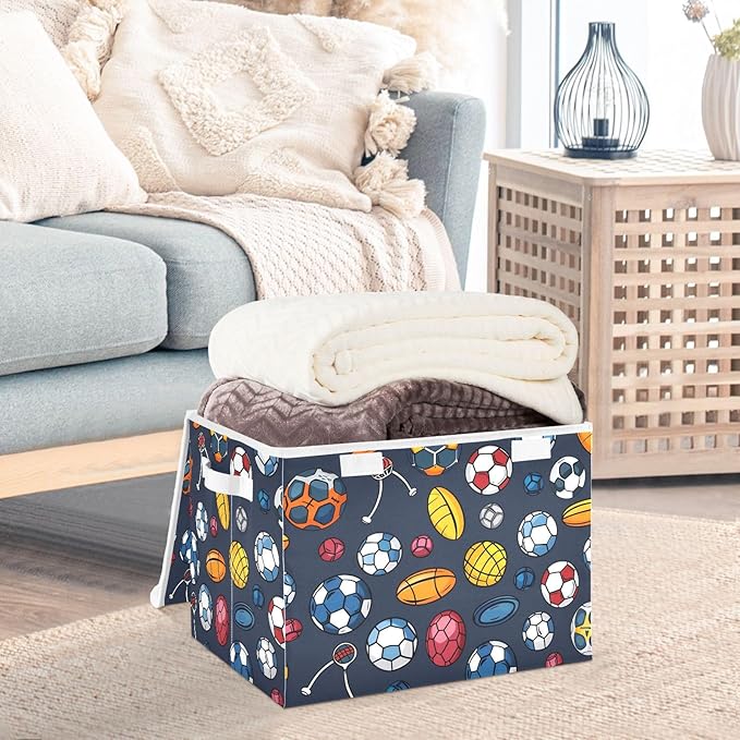 Sports Balls Lidded Storage Bins with Handles - 16.5x12.6x11.8 Foldable Organizing Box Oxford Fabric &amp Honeycomb Board Dust-Proof Flip Lid for Closet/Office