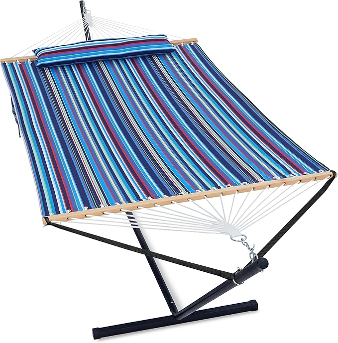 GAFETE 2 Person Hammock with Stand for Outside Heavy Duty Steel Stand Double 55inch Hammocks Large Removable Pillow Storage Bags Max 475 lbs Capacity (Blaze Blue Stripe)