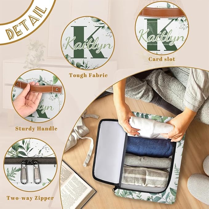 Personalized Eucalyptus Initials Storage Bins with Zipper Lid Custom Fabric Storage Boxes Foldable Closet Organizers Cubes for Clothes Shelves Home Decorative 2PCS Sage Green