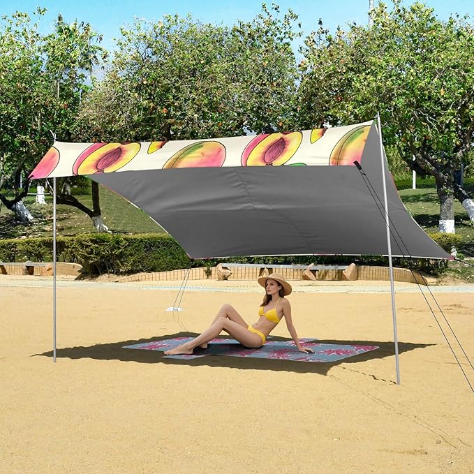 xigua Peach Beach Tent Sun Shelter with Carrying Bag - Silver Coated Oxford Fabric Beach Canopy for Beach Camping Fishing - Includes Windproof Ropes Sandbags &amp Stakes
