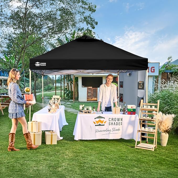 CROWN SHADES Canopy Tent 10 x 10 Foot Portable Pop Up Outdoor Shelter with Pocket Sidewall Push Center Lock UV Protection and Carry Bag Black