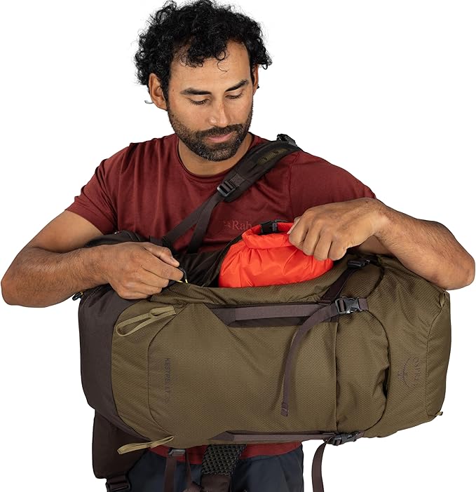 Osprey Kestrel LT 35L Men's Backpacking Backpack - Lightweight Hiking &amp Camping Bag with Waterproof Raincover Olive Tan