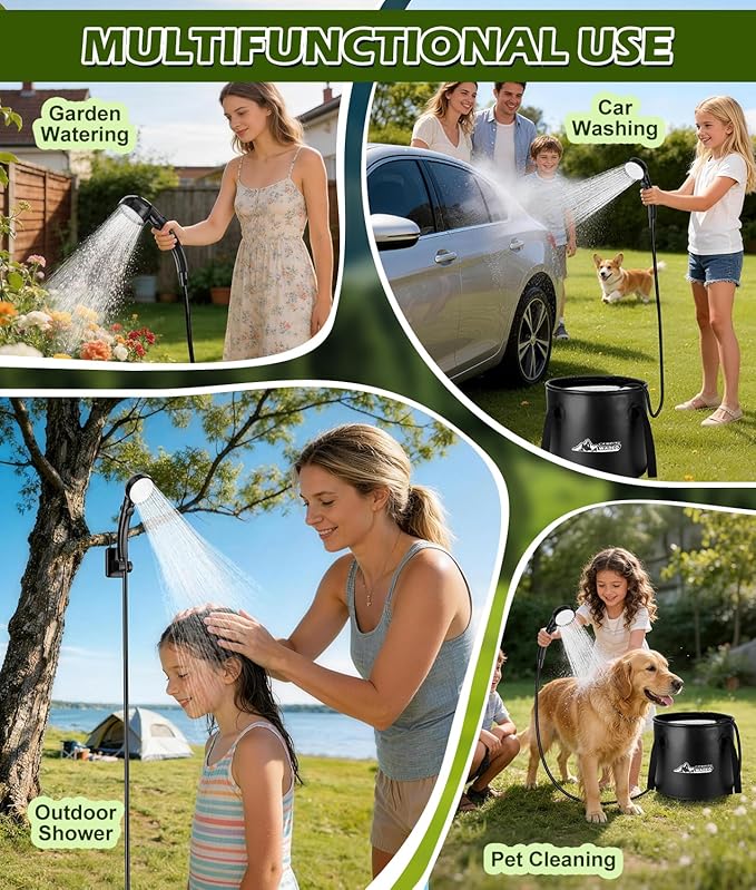 Upgraded Portable Shower for Camping with Heater Rechargeable Camping Shower with Intelligent LED Display 5 Gal Foldable Bucket 4 Spray Modes Portable Shower for Travel Pet Bath Car Washing