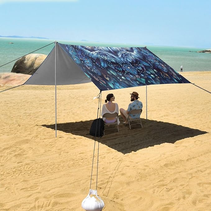 ALAZA Boho Owl Blue Beach Tent Sun Shelter Portable Canopy Sunshade for Outdoor Camping Picnics Backyard Fun 10x9 ft