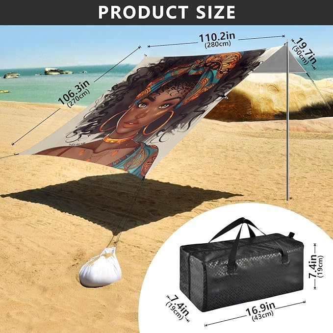 ALAZA Beautiful African Female Beach Tent Sun Shelter Portable Canopy Sunshade for Outdoor Camping Picnics Backyard Fun 10x9 ft