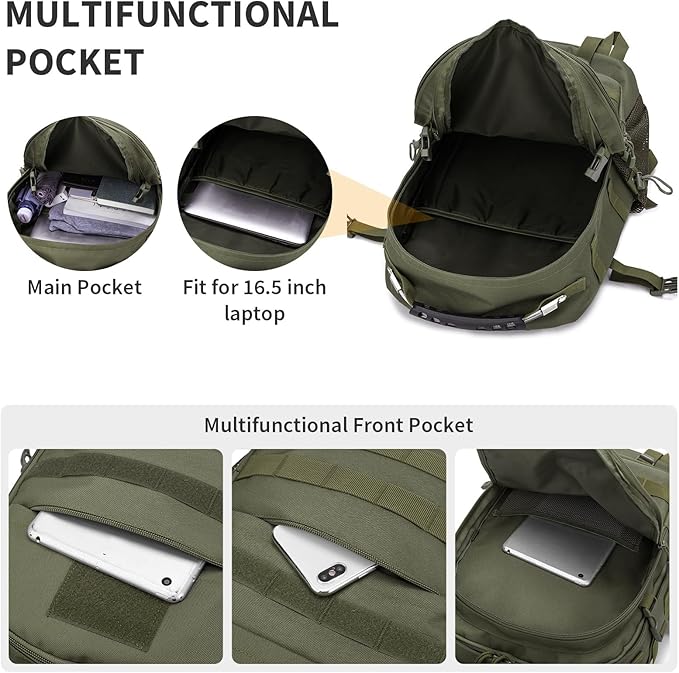 HUNTVP Military Tactical Backpack 40L Large Army 3 Day Pack Molle Bag Backpacks WR Hunting Rucksack (Army Green)