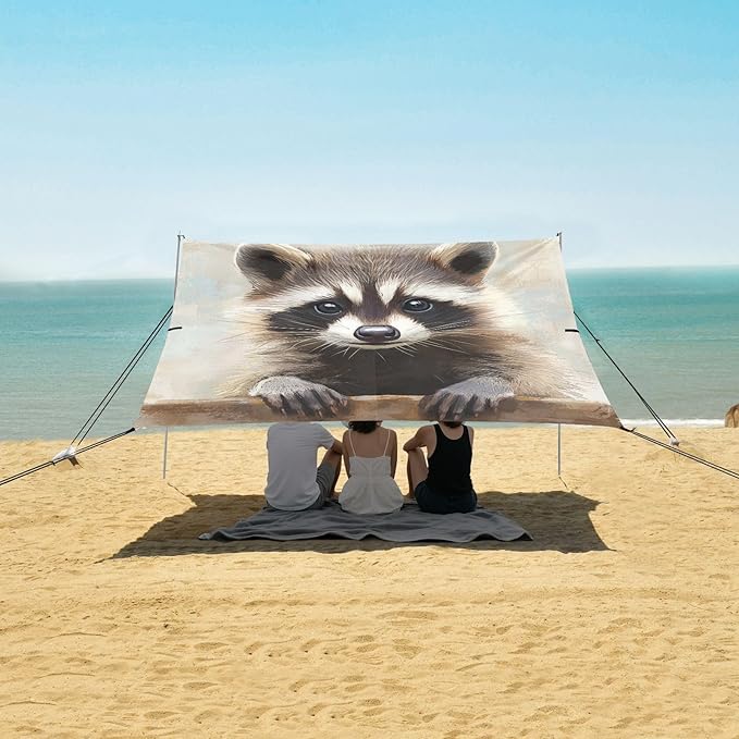 ALAZA Cute Raccoon Watercolor Beach Tent Sun Shelter Portable Canopy Sunshade for Outdoor Camping Picnics Backyard Fun 10x9 ft