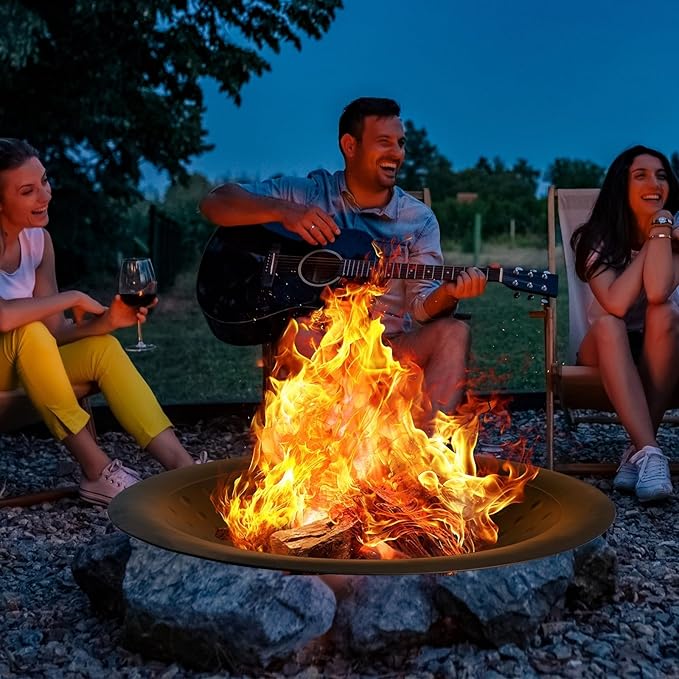 OutVue 35 inch Steel Fire Bowl for DIY or Replacement Existing Fire Pits Wood Burning Fire Pit Bowl with Spark Screen &ampFire Poker Fireplace for Backyard Porch Deck Camping BBQ (Circle Dot)