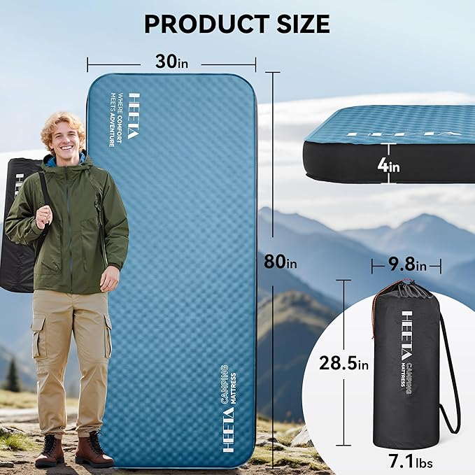 HEETA Waterproof Dry Bag for Women Men (Blue 5L) Bundled with Self Inflating Sleeping Pad with Electric Pump 4 Ultra Thick Memory Foam Camping Mattress
