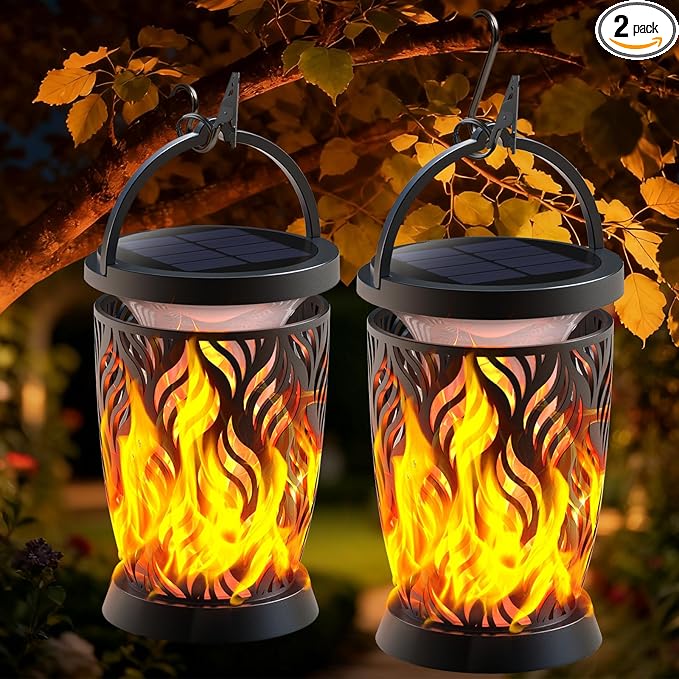 Solar Lanterns Outdoor Waterproof 2 Pack Flickering Solar Flame Lights Upgraded Hanging Flame Lantern Pathway Torch Light Table Lamp Auto On/ Off Porch Yard Gifts (1 Lighting Mode)