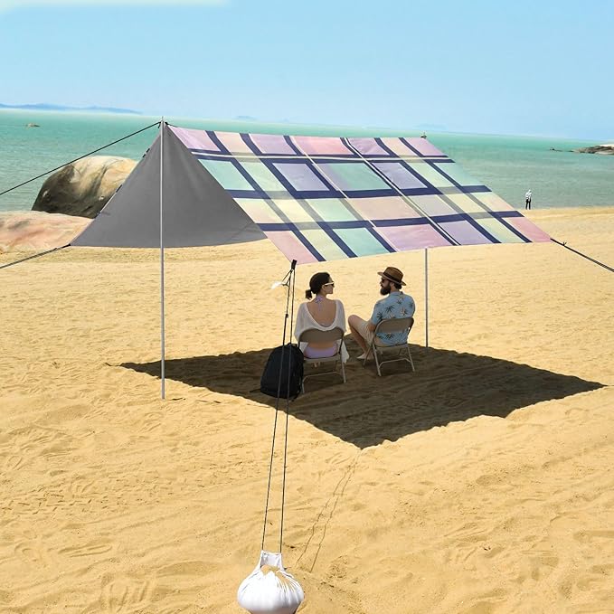 xigua Plaid Beach Tent Sun Shelter with Carrying Bag - Silver Coated Oxford Fabric Beach Canopy for Beach Camping Fishing - Includes Windproof Ropes Sandbags &amp Stakes