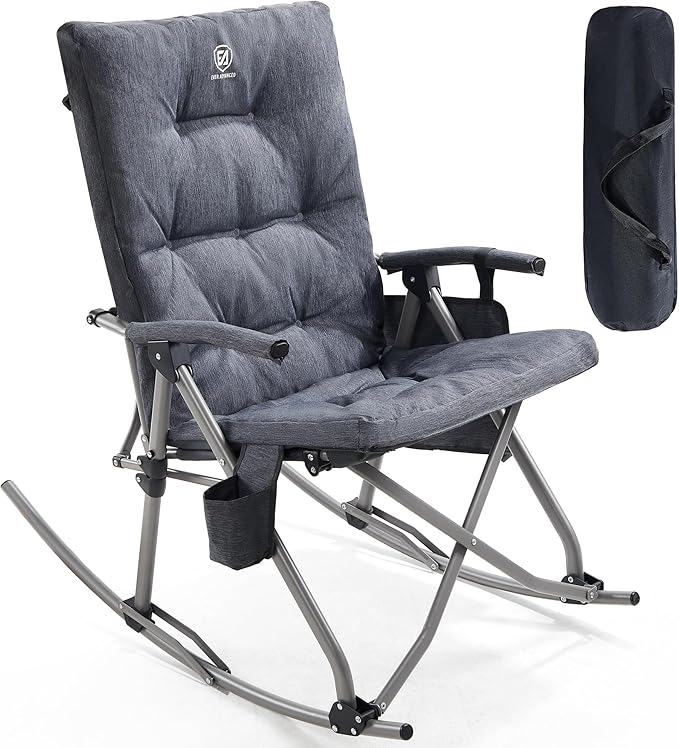 EVER ADVANCED Oversized Folding Rocking Camping Chair Padded Portable Rocker Chair for Patio Lawn and Outdoors Heavy Duty Hard Armchair for Adults Supports 400lbs Grey